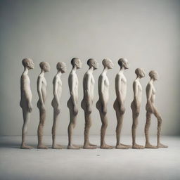 A surreal image featuring a row of people, where each person has more limbs than the last