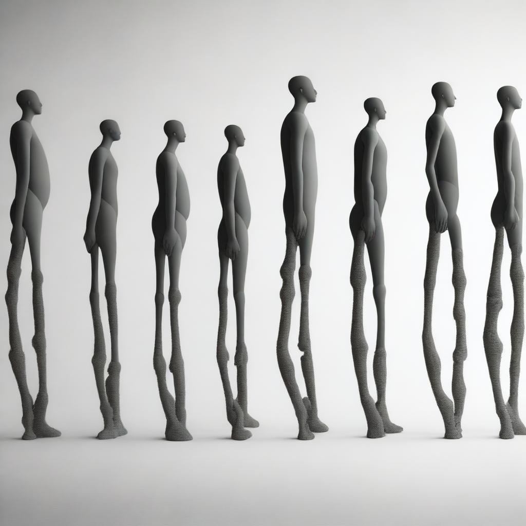 A surreal image featuring a row of people, where each person has more limbs than the last