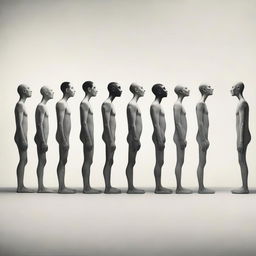 A surreal image featuring a row of people, where each person has more limbs than the last