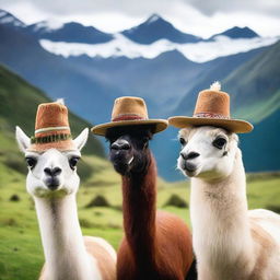 A live-action photograph featuring llamas wearing various stylish hats