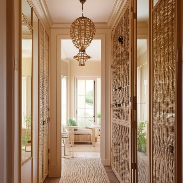 A luxurious, small entrance hall with classic stylings and modern touches, featuring a large L-shaped rattan closet. The color scheme radiates with hues of beige and pistachio, a mirror, and a fancy entrance door cap off the sophisticated design.