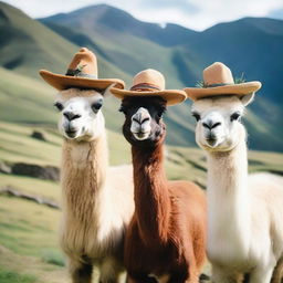 A live-action photograph featuring llamas wearing various stylish hats