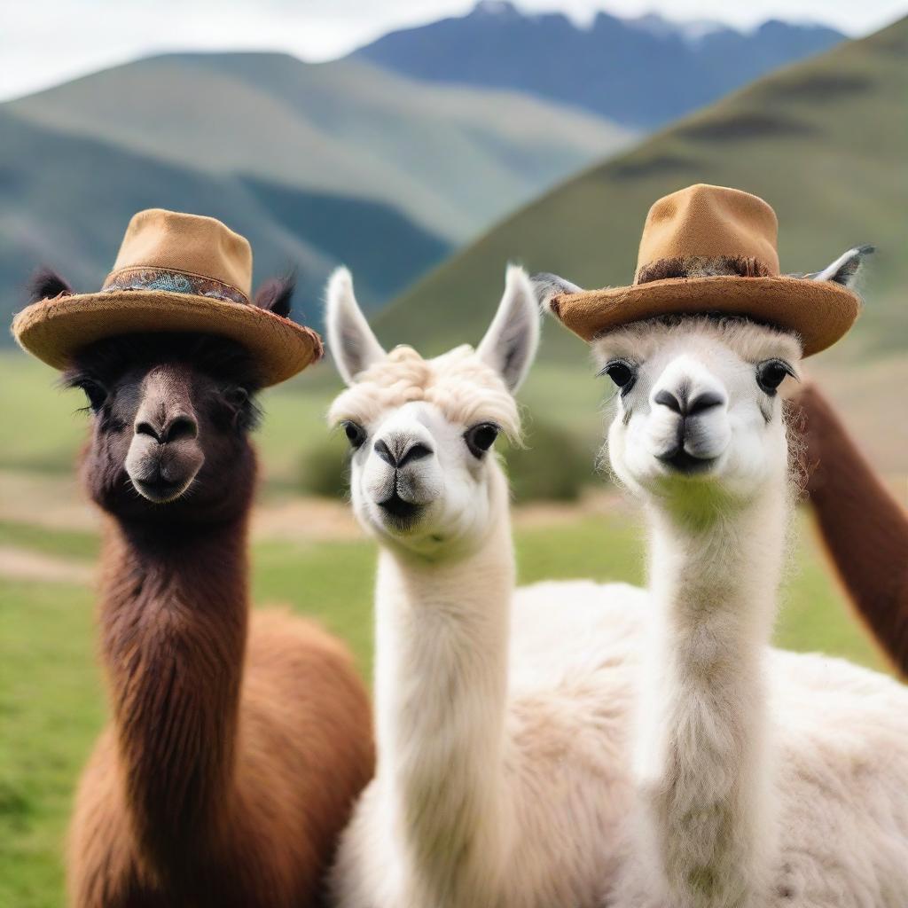 A live-action photograph featuring llamas wearing various stylish hats