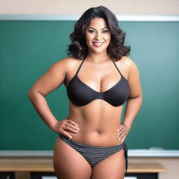 A photo of a voluptuous woman in a bikini who is also a teacher, standing in a classroom setting