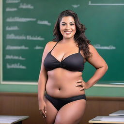 A photo of a voluptuous woman in a bikini who is also a teacher, standing in a classroom setting