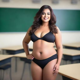 A photo of a voluptuous woman in a bikini who is also a teacher, standing in a classroom setting