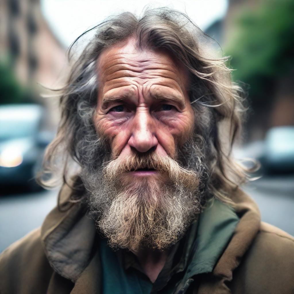 A realistic portrait of a scruffy homeless man with long, unkempt hair and a bushy beard