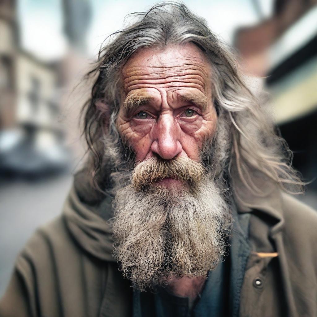 A realistic portrait of a scruffy homeless man with long, unkempt hair and a bushy beard