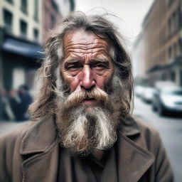 A realistic portrait of a scruffy homeless man with long, unkempt hair and a bushy beard