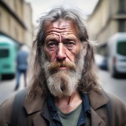 A realistic portrait of a scruffy homeless man with long, unkempt hair and a bushy beard