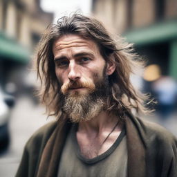 A realistic portrait of a young, scruffy homeless man with long, unkempt hair and a bushy beard