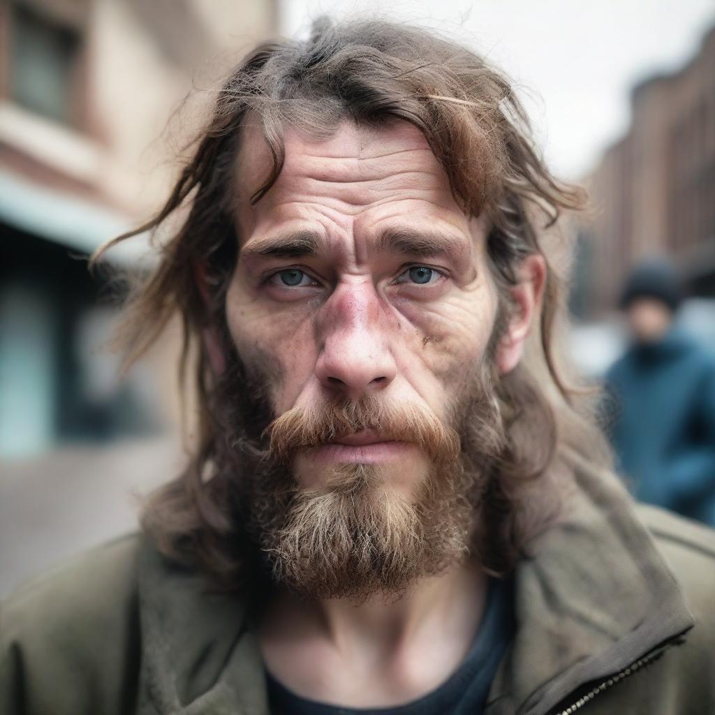 A realistic portrait of a young, scruffy homeless man with long, unkempt hair and a bushy beard