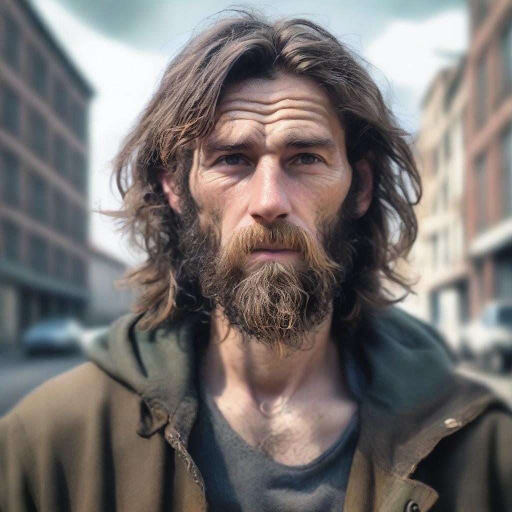 A realistic portrait of a young, scruffy homeless man with long, unkempt hair and a bushy beard