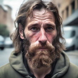 A realistic portrait of a young, scruffy homeless man with long, unkempt hair and a bushy beard