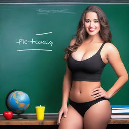 A photo of an attractive woman with a voluptuous figure wearing a bikini, portrayed as a teacher in a classroom