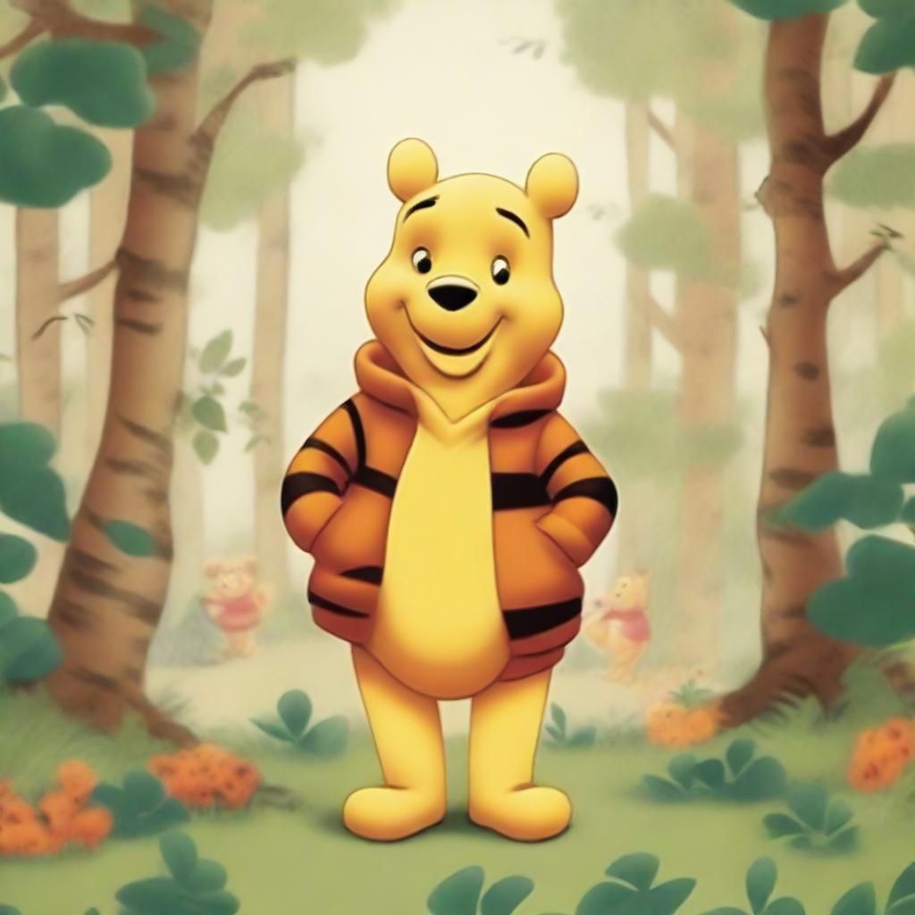 An illustration of Winnie the Pooh wearing a coat made to look like Tigger's skin