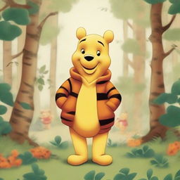 An illustration of Winnie the Pooh wearing a coat made to look like Tigger's skin