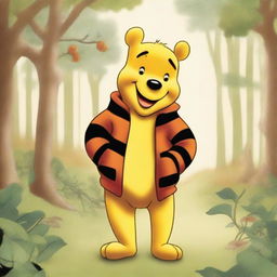 An illustration of Winnie the Pooh wearing a coat made to look like Tigger's skin