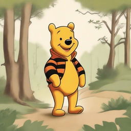 An illustration of Winnie the Pooh wearing a coat made to look like Tigger's skin