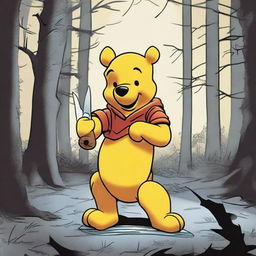 A dark and disturbing scene where Winnie the Pooh is depicted skinning Tigger