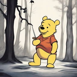 A dark and disturbing scene where Winnie the Pooh is depicted skinning Tigger