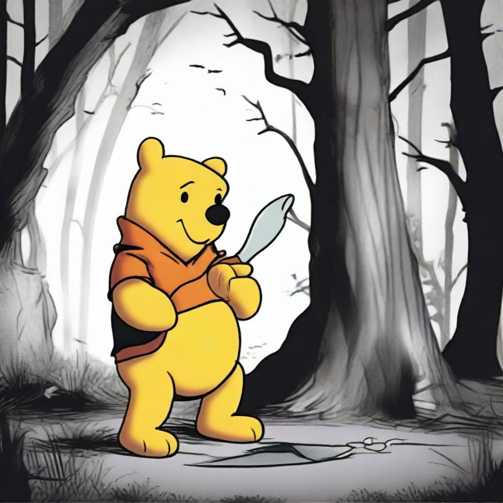 A dark and disturbing scene where Winnie the Pooh is depicted skinning Tigger