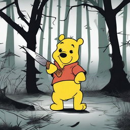 A dark and disturbing scene where Winnie the Pooh is depicted skinning Tigger