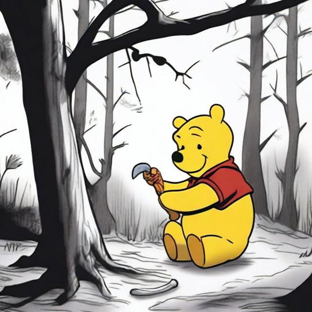 A dark and unsettling scene where Winnie the Pooh is depicted skinning Tigger