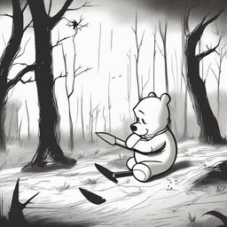 A dark and unsettling scene where Winnie the Pooh is depicted skinning Tigger