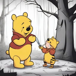 A dark and unsettling scene where Winnie the Pooh is depicted skinning Tigger