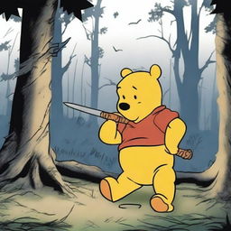 A dark and unsettling scene where Winnie the Pooh is depicted skinning Tigger