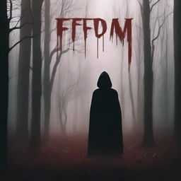 A realistic horror film poster featuring a menacing cloaked figure standing in a dark, foggy forest