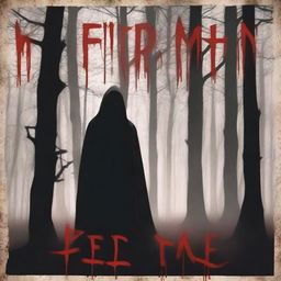 A realistic horror film poster featuring a menacing cloaked figure standing in a dark, foggy forest