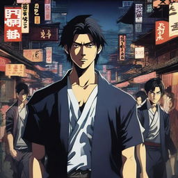 A realistic depiction with detailed expressions and dramatic lighting of a young Japanese man around 24 years old with dark hair and a determined expression, surrounded by other young people driven by revenge