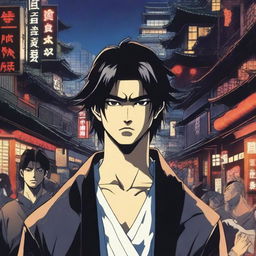 A realistic depiction with detailed expressions and dramatic lighting of a young Japanese man around 24 years old with dark hair and a determined expression, surrounded by other young people driven by revenge