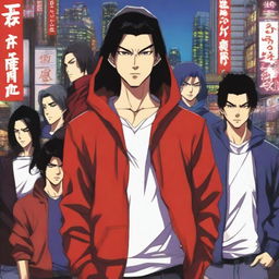 A young Japanese man around 24 years old, with dark hair, wearing a red hoodie and jeans, with a determined expression, surrounded by four young people driven by revenge