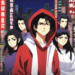 A young Japanese man around 24 years old, with dark hair, wearing a red hoodie and jeans, with a determined expression, surrounded by four young people driven by revenge