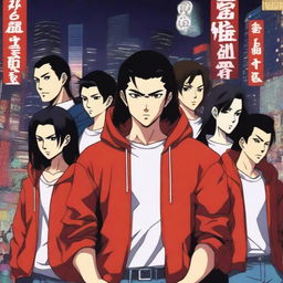 A young Japanese man around 24 years old, with dark hair, wearing a red hoodie and jeans, with a determined expression, surrounded by four young people driven by revenge