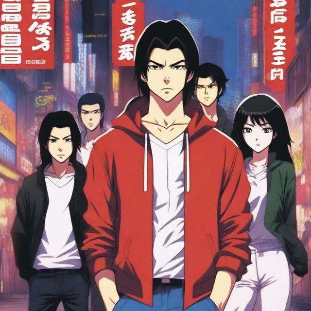 A young Japanese man around 24 years old, with dark hair, wearing a red hoodie and jeans, with a determined expression, surrounded by four young people driven by revenge