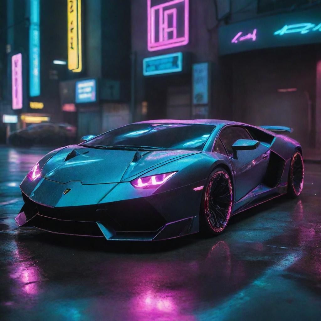 A Lamborghini car in a cyberpunk style, featuring neon lights, high tech components, futuristic modifications and a dystopian inspired aesthetic.