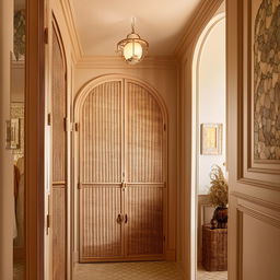 A luxurious, small entrance hall with classic stylings and modern touches, featuring a large L-shaped rattan closet. The color scheme radiates with hues of beige and pistachio, a mirror, and a fancy entrance door cap off the sophisticated design.