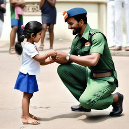 A commando in a black uniform kneeling on one knee in front of a 5-year-old girl