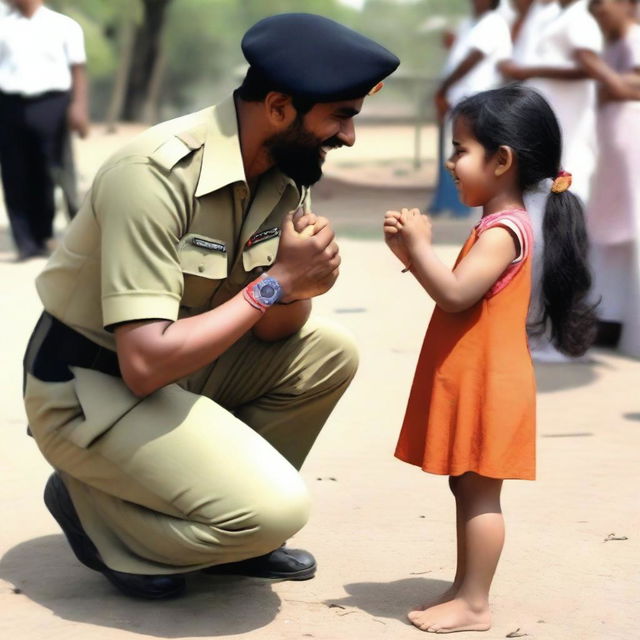 A commando in a black uniform kneeling on one knee in front of a 5-year-old girl