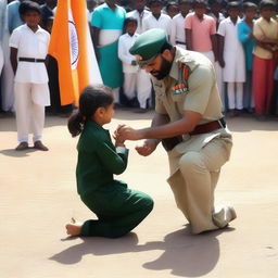 A commando in a black uniform kneeling on one knee in front of a 5-year-old girl