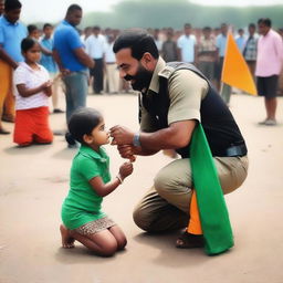 A commando in a black uniform kneeling on one knee in front of a 5-year-old girl