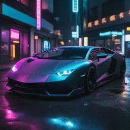 A Lamborghini car in a cyberpunk style, featuring neon lights, high tech components, futuristic modifications and a dystopian inspired aesthetic.