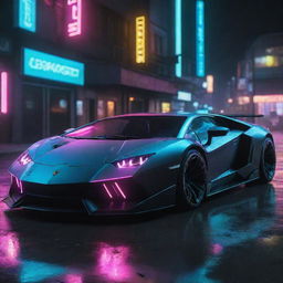 A Lamborghini car in a cyberpunk style, featuring neon lights, high tech components, futuristic modifications and a dystopian inspired aesthetic.