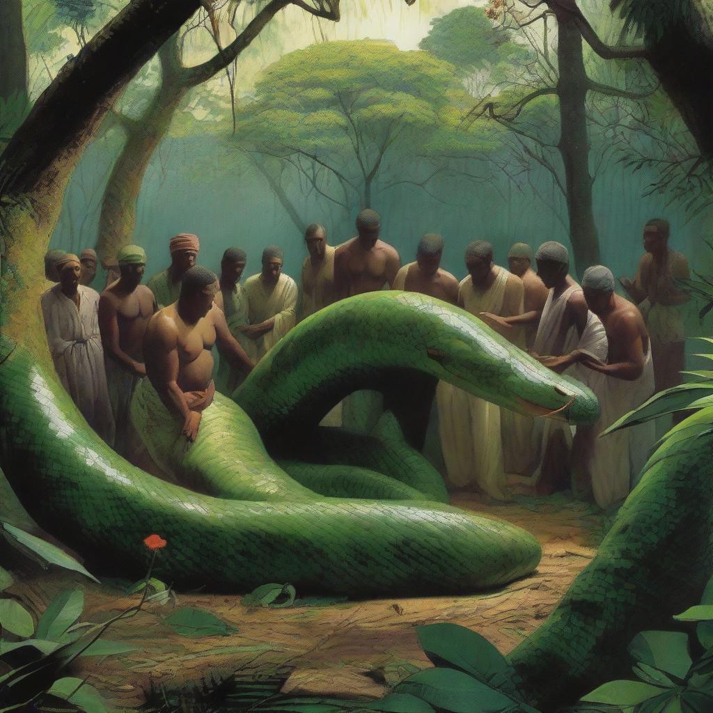 A dramatic scene depicting the burial of a giant anaconda in a lush, dense jungle