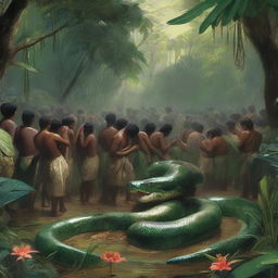 A dramatic scene depicting the burial of a giant anaconda in a lush, dense jungle