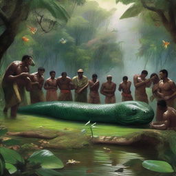 A dramatic scene depicting the burial of a giant anaconda in a lush, dense jungle